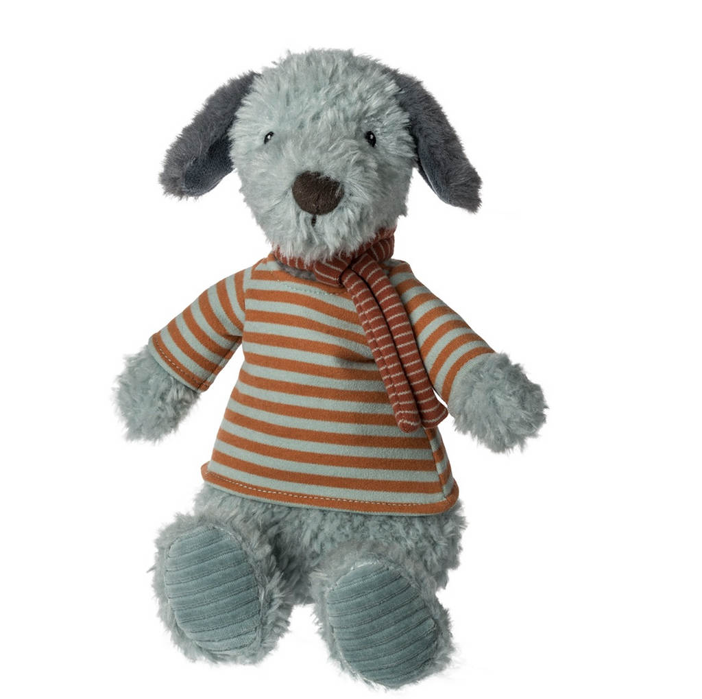 Chester Tails plush pup sitting in a seated pose facing forward wearing an orange and blue striped shirt and scarf. 