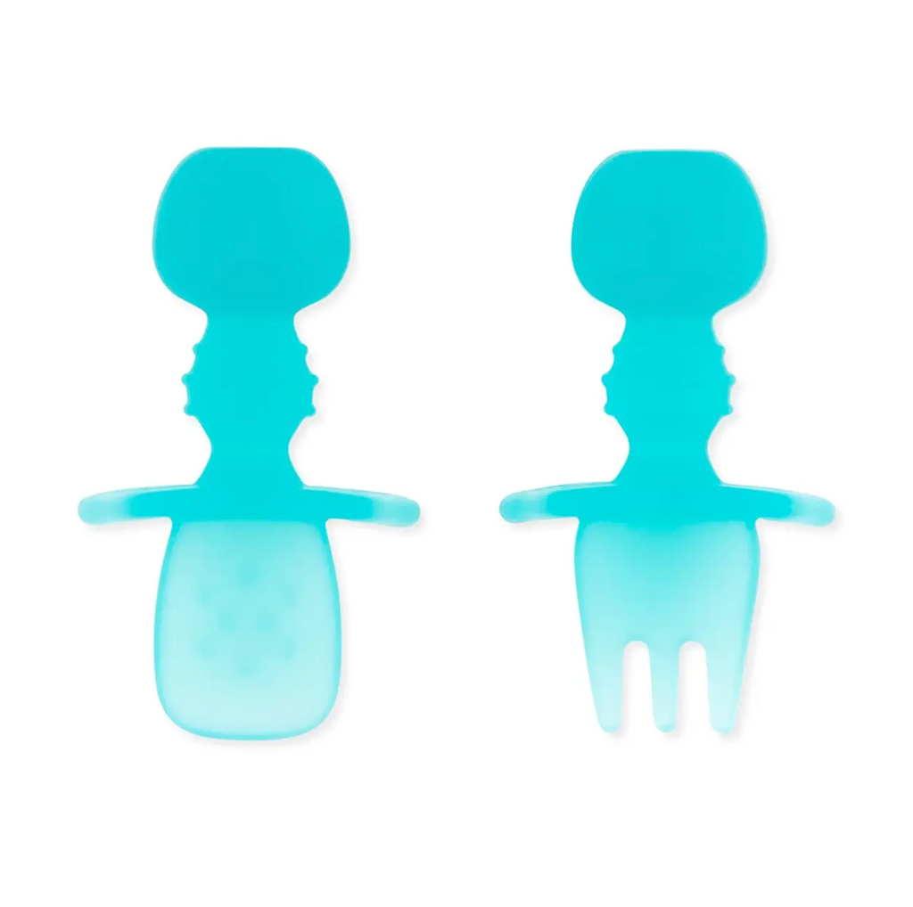Two blue baby teether utensils. A spoon and fork. 