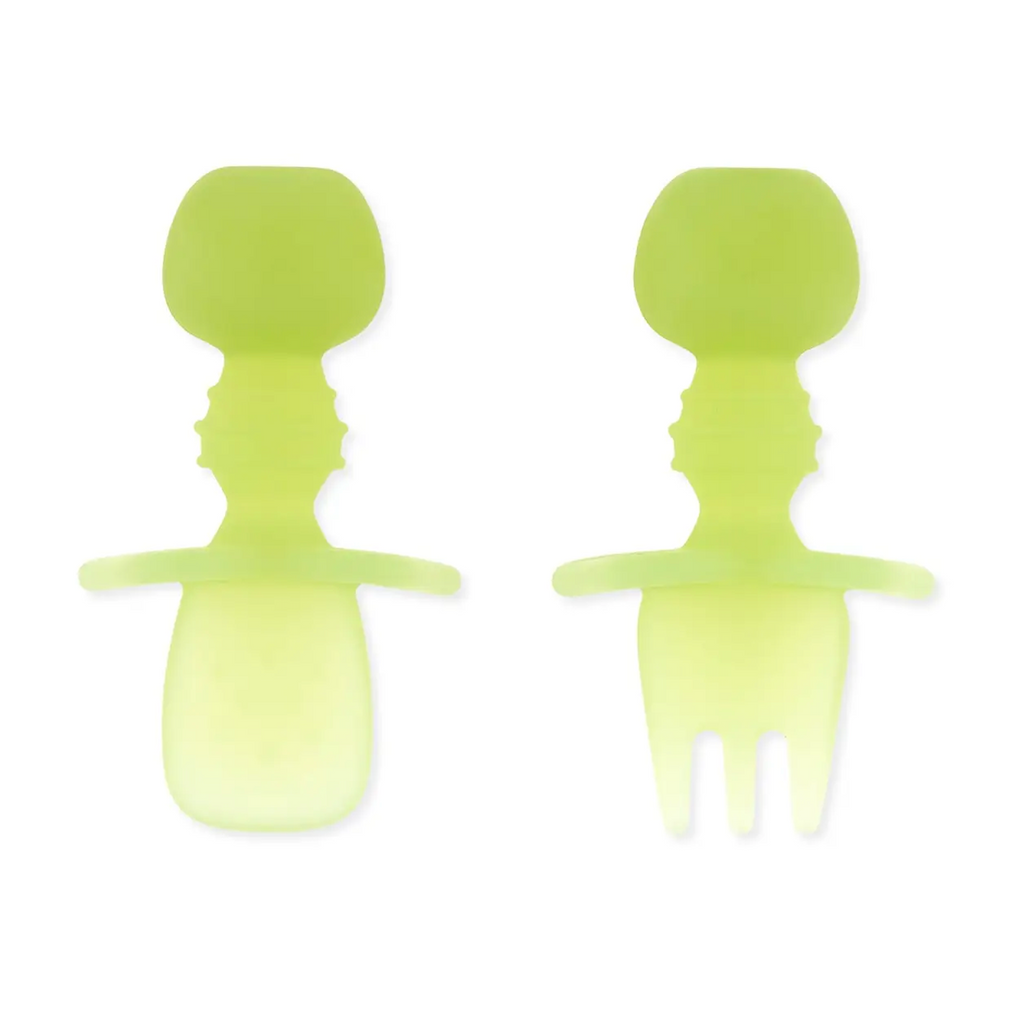 Geen baby fork and spoon with chunky, gripper handles to make it easy for baby to hold. 