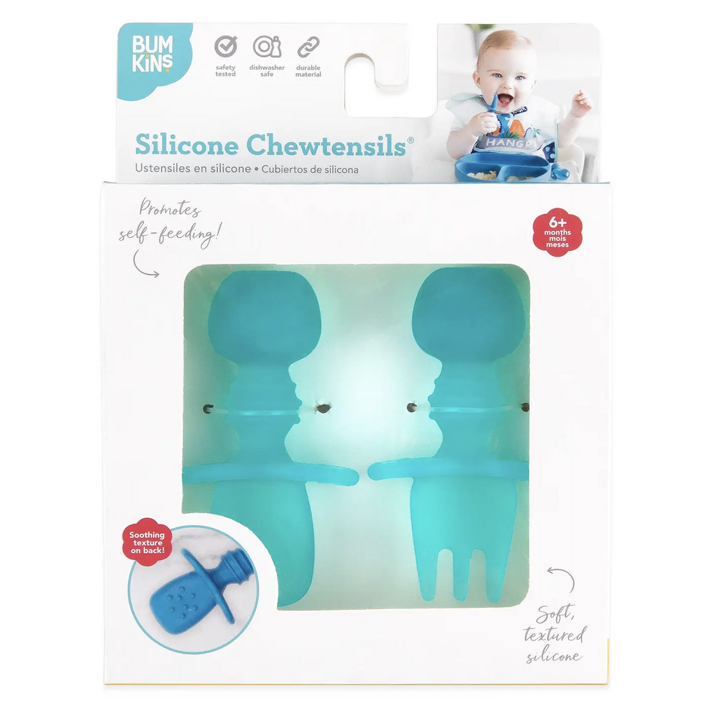 White box with clear window showing the Blue Jelly Chewtensils. Which are a small fork and spoon made from silicone and small and chunky that make it easy for babies to handle. 