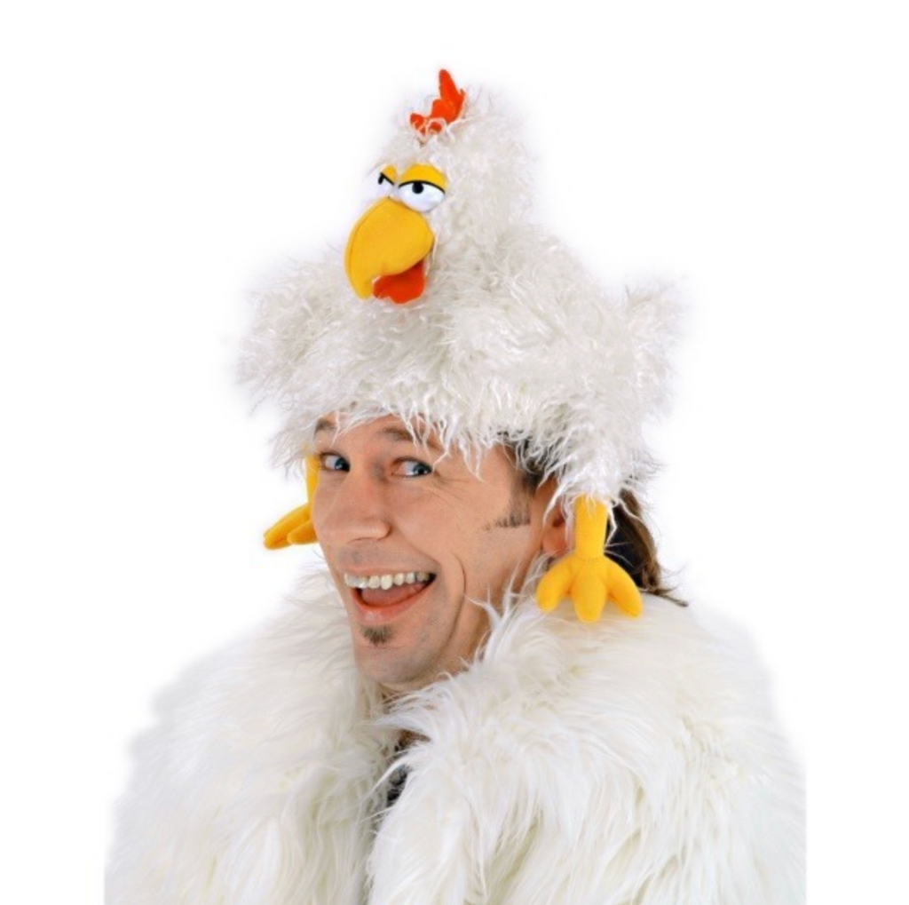 A young gentleman wearing the Chicken Clucker Hat. 