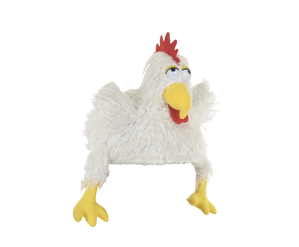 Chicken Clucker Hat with yellow beak and feet, red comb and wattle and white fur feathers. 