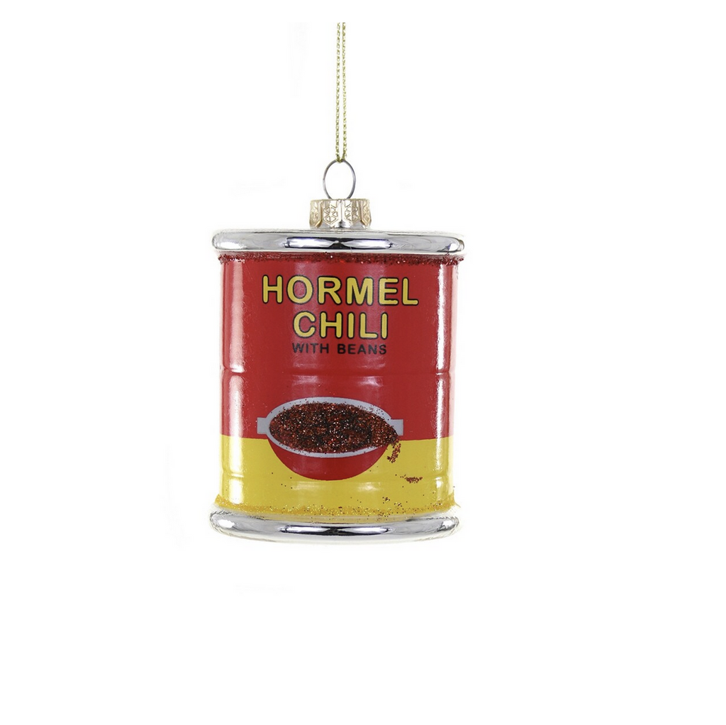 Can of hormel chili with beans glass ornament.