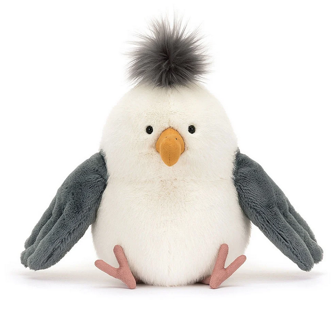 Chip Seagull plush bird with his pudgy tummy and tuft of feathers on the top of his head.