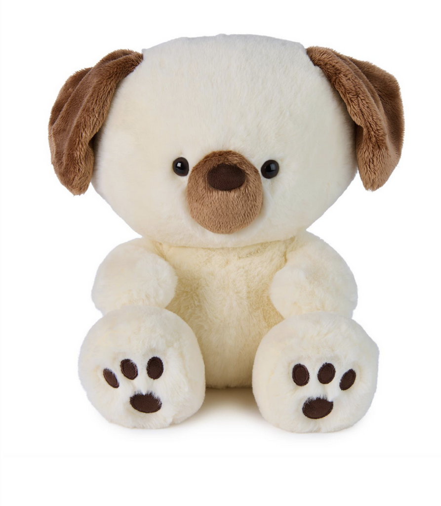 Chip the Puppy plush with soft cream colored fur and chocolate brown ears and nose. 