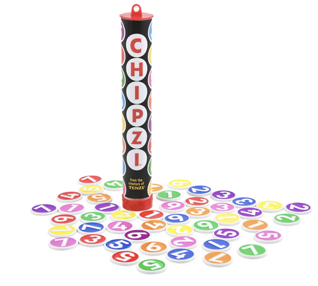 CHIPZI game packaged in a black tube that has colorful lettering and numbers on round chips with game pieces scattered around it. 