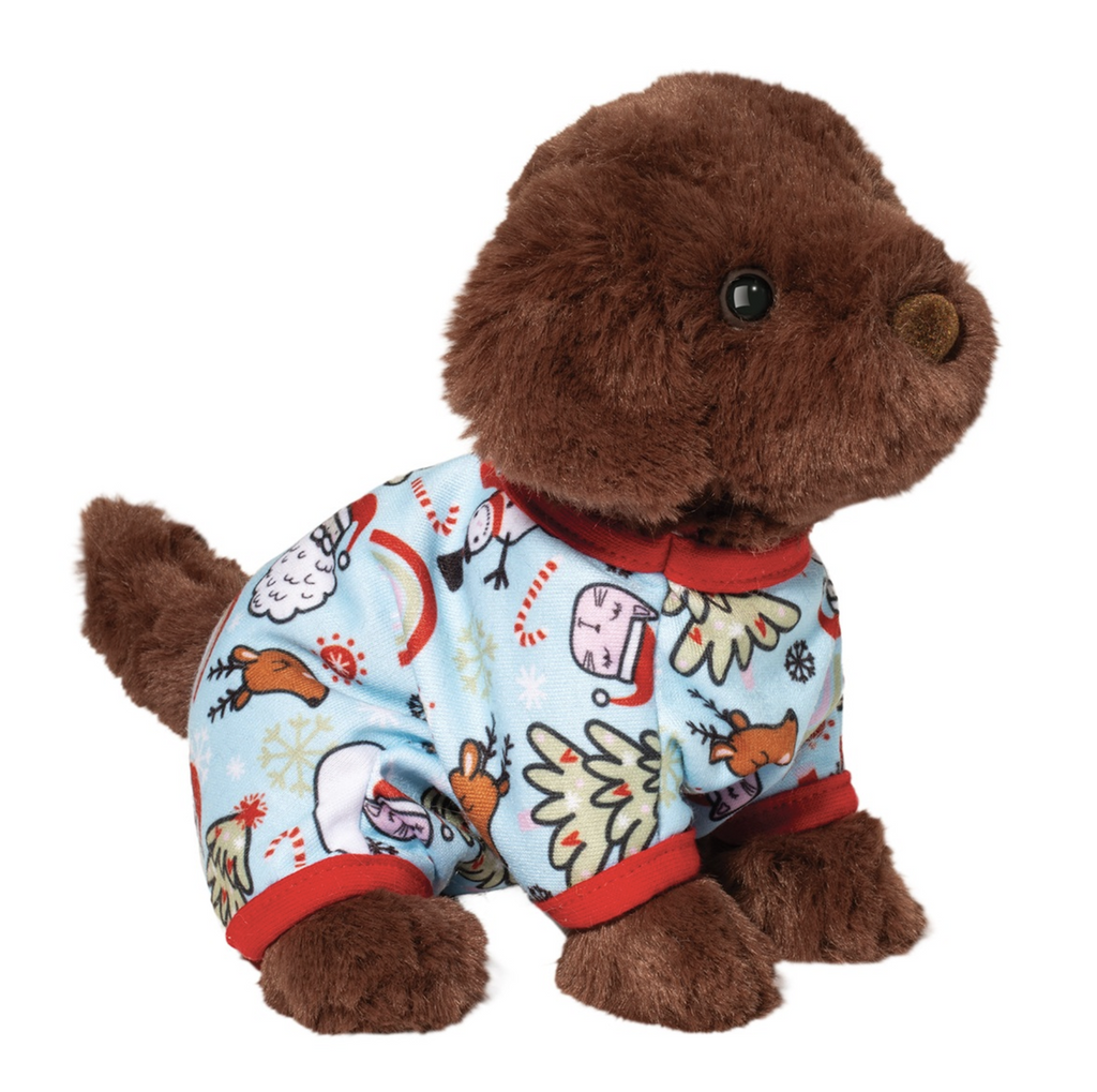 Cute mini chocolate Lab puppy stuffed animal wearing holiday themed pajamas. 