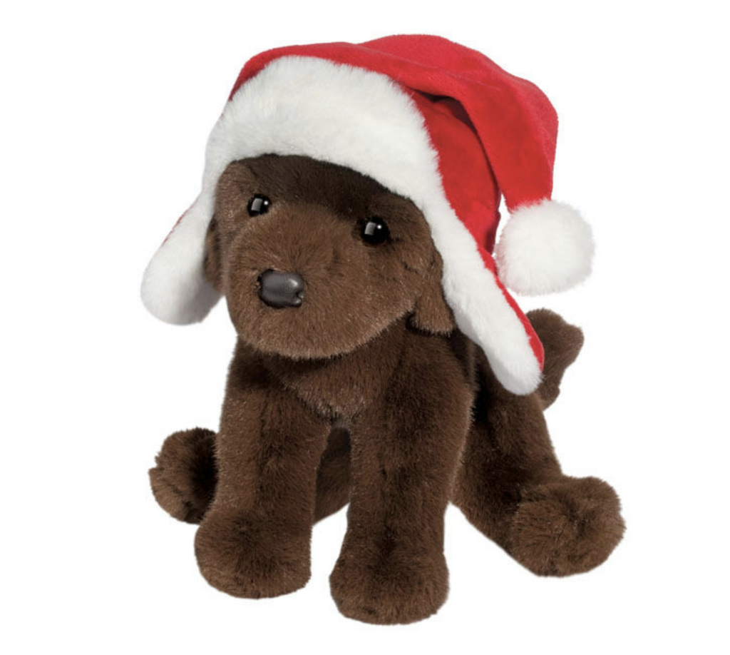 Adorable chocolate lab stuffed animal wearing a Santa inspired bomber hat, complete with ear flaps. 