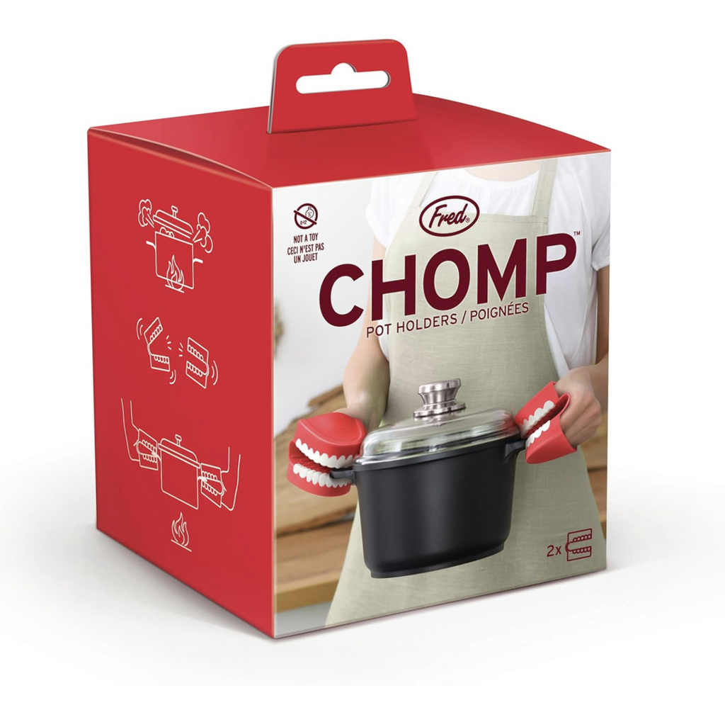 Red box with a picture of the Chomp Pot Holders in use on the front. 