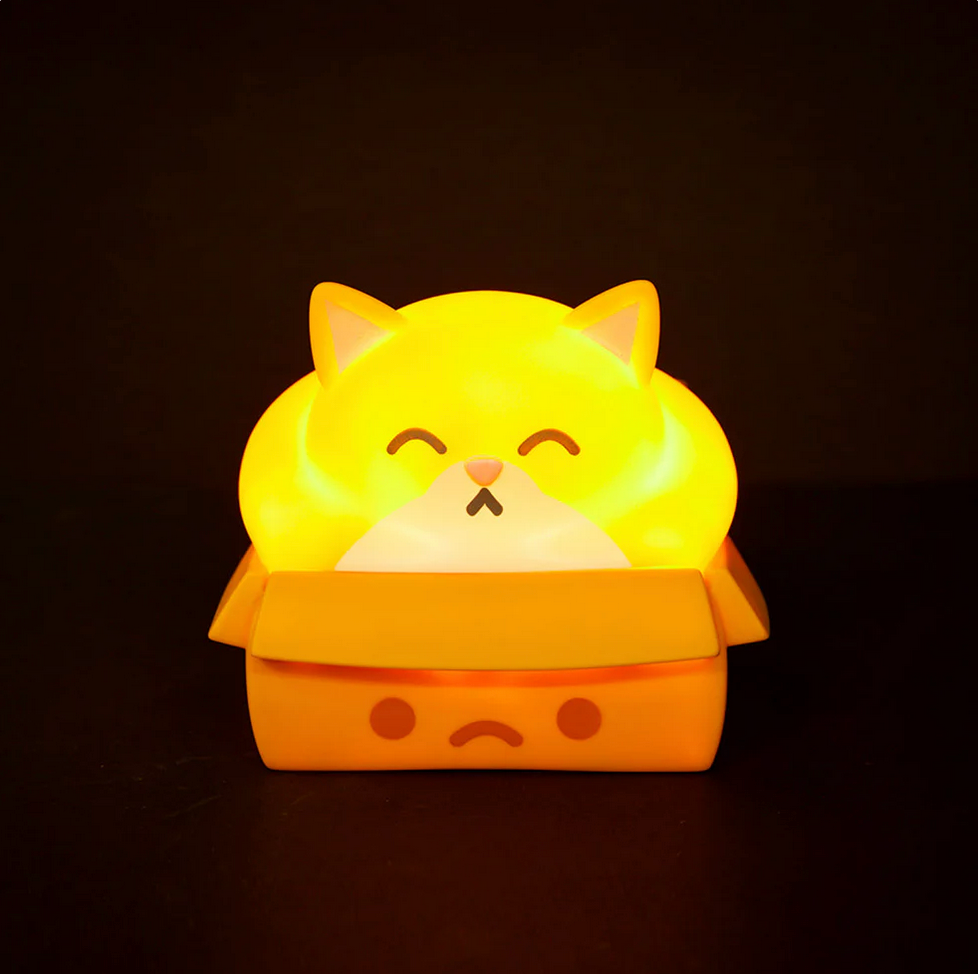 Chonky Trash Kitty night light lit up in a dark room.