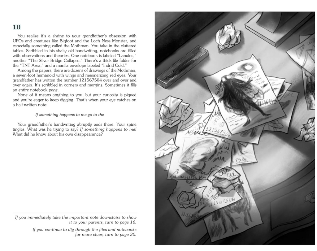 Interior page from the Choose Your Own Adventure Cryptid Chronicles Mothman with a page from the story prompting the reader to make a choice on how to continue the story. On the opposite page an illustration featuring drawings of the Mothman 