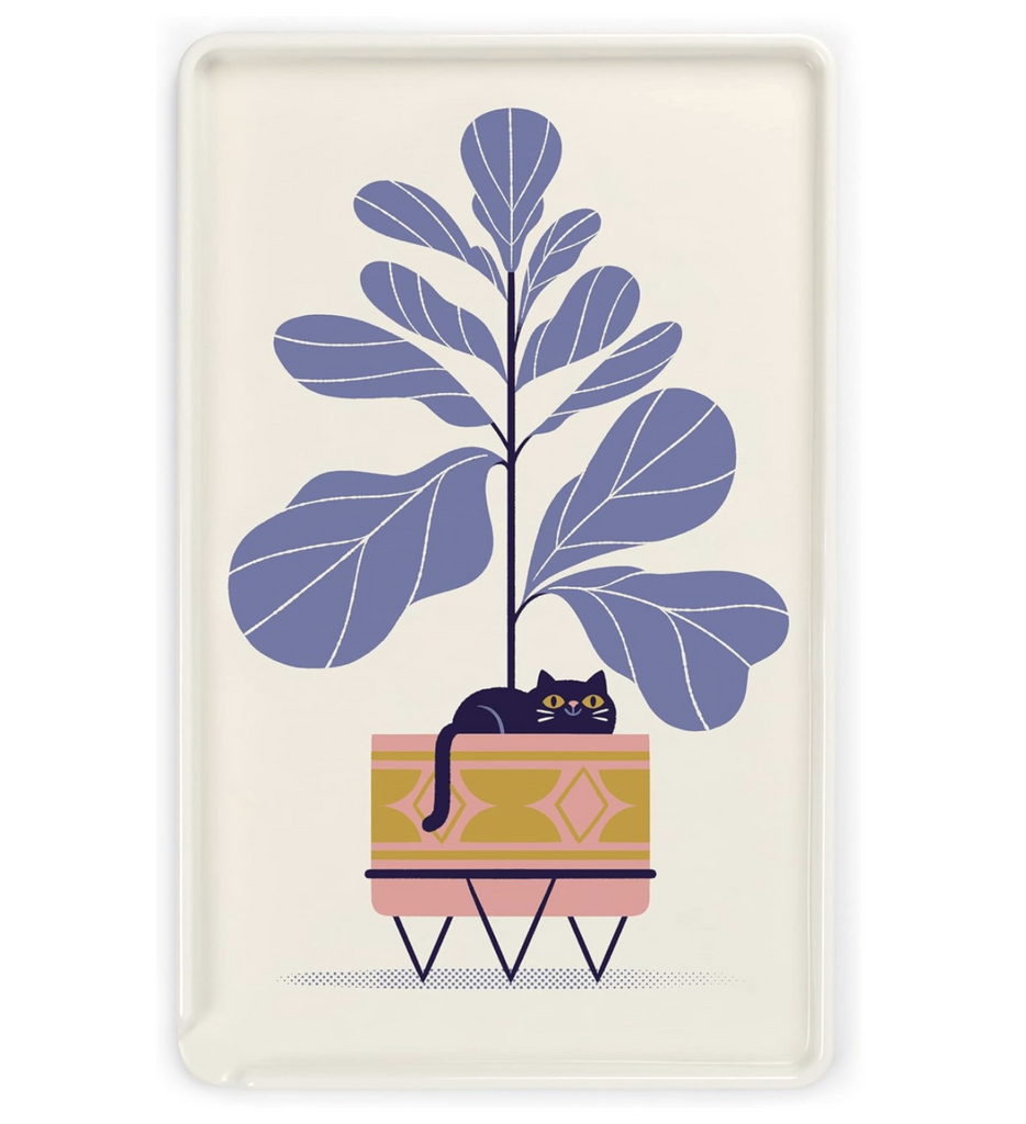 White melamine tray with illustration of a large house plant with giant purple leaves and a black cat laying in the planter. 
