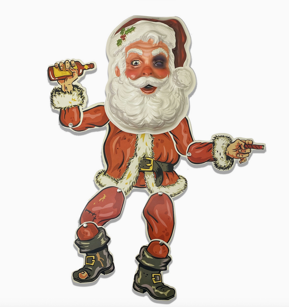Vintage-style illustration of a jointed Santa Claus figure holding a bottle and a cigar . 
