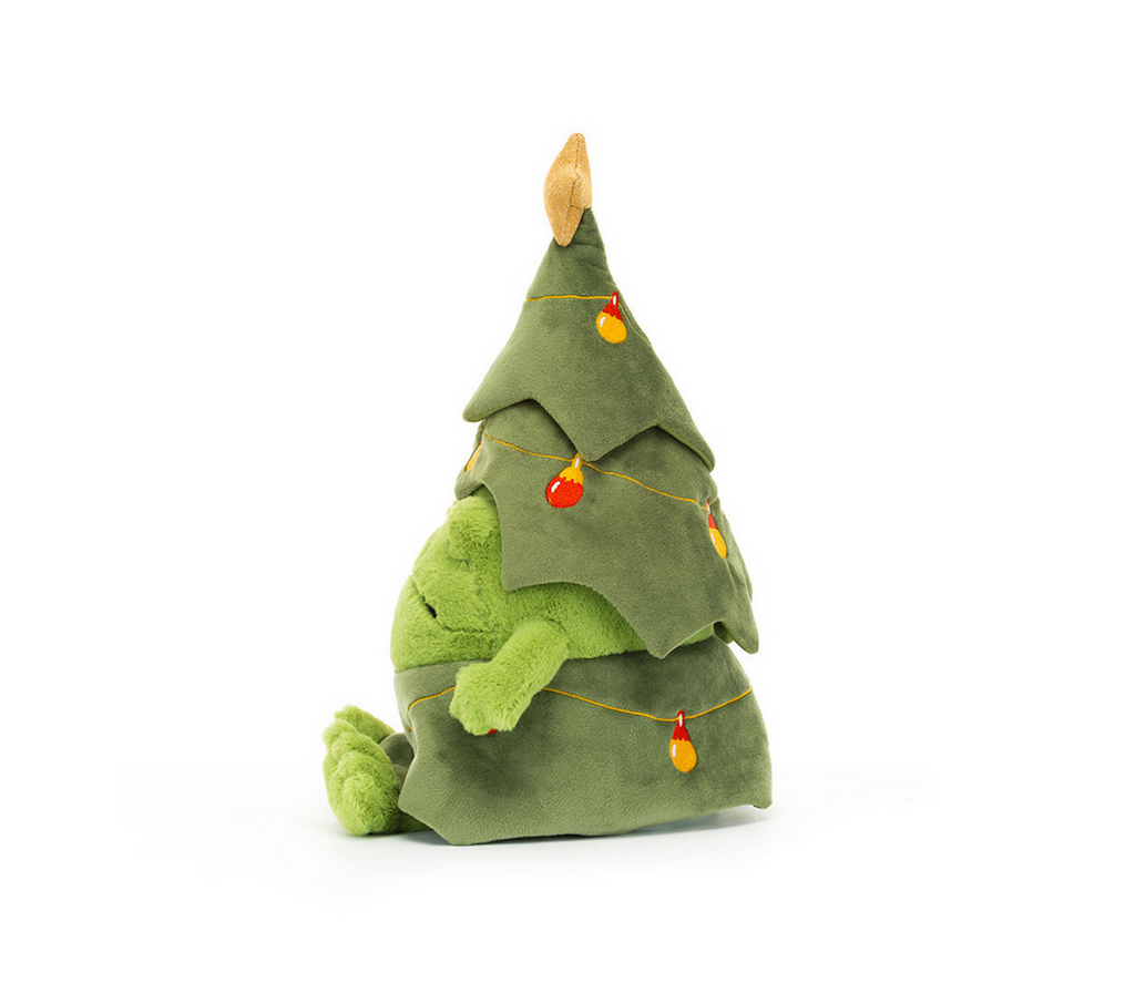 Ricky Rain Frog with a Christmas Tree hat and skirt. 