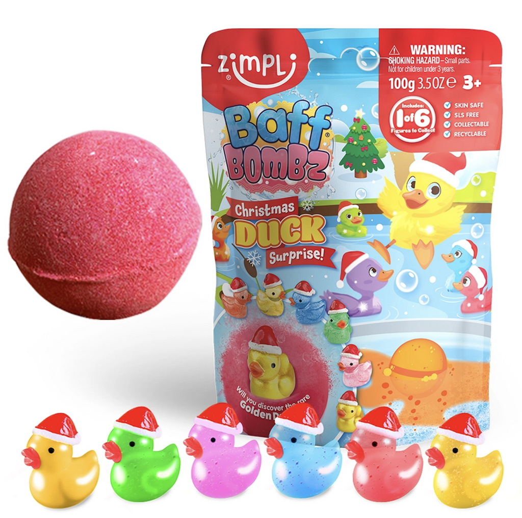 Six colorful mini ducks wearing Santa hats lined up along the bottom of the picture with a red bath bomb, and colorful bag they are packaged in. Only one duck per package and it's a surprise as to which one you will get. 