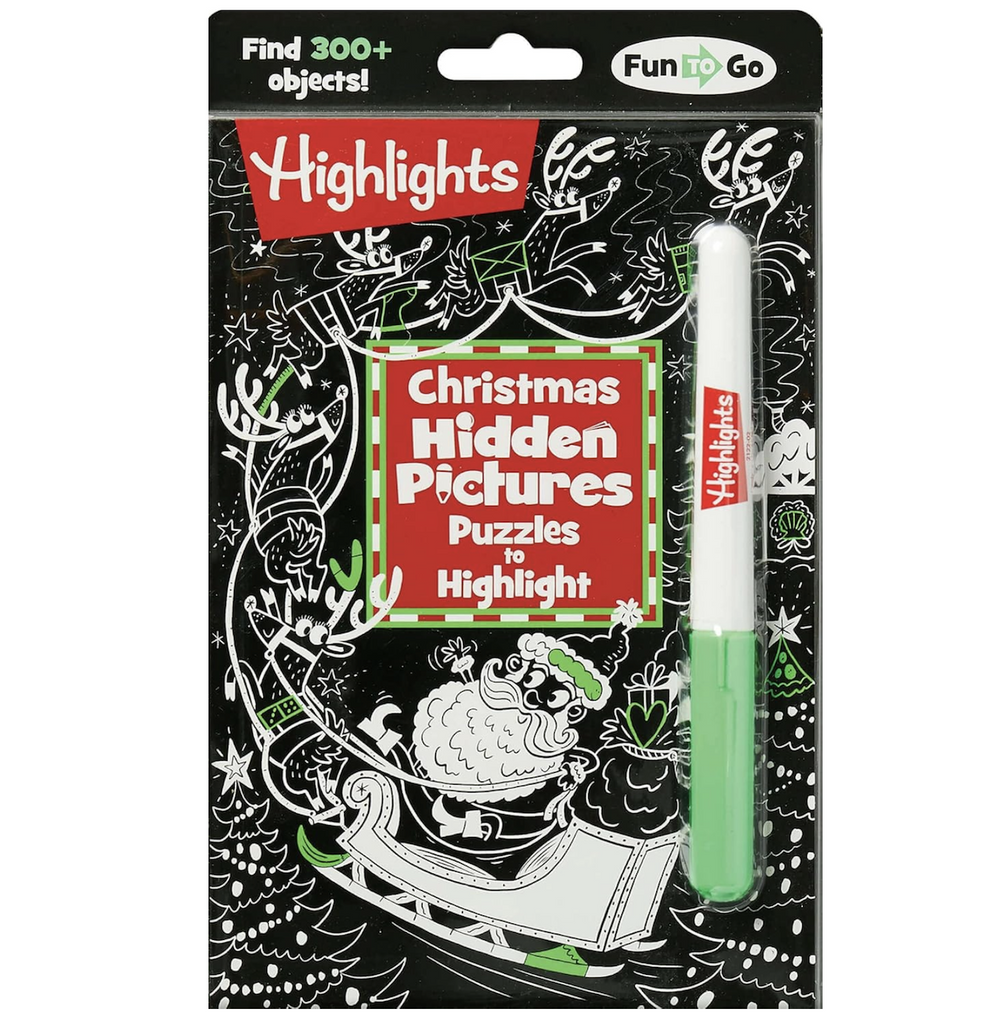 Illustrated cover of Highlights Christmas Hidden Pictures Puzzles to Highlight with black background and white pictures to color in with the bright green highlighter that is included. 