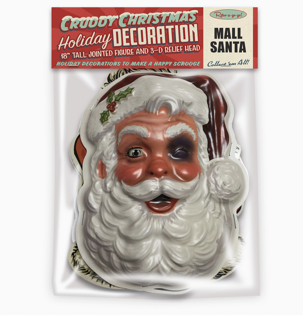 3D Mall Santa head with a black eye packaged in clear plastic with a red header card that reads Cruddy Christmas Holiday Decoration. 