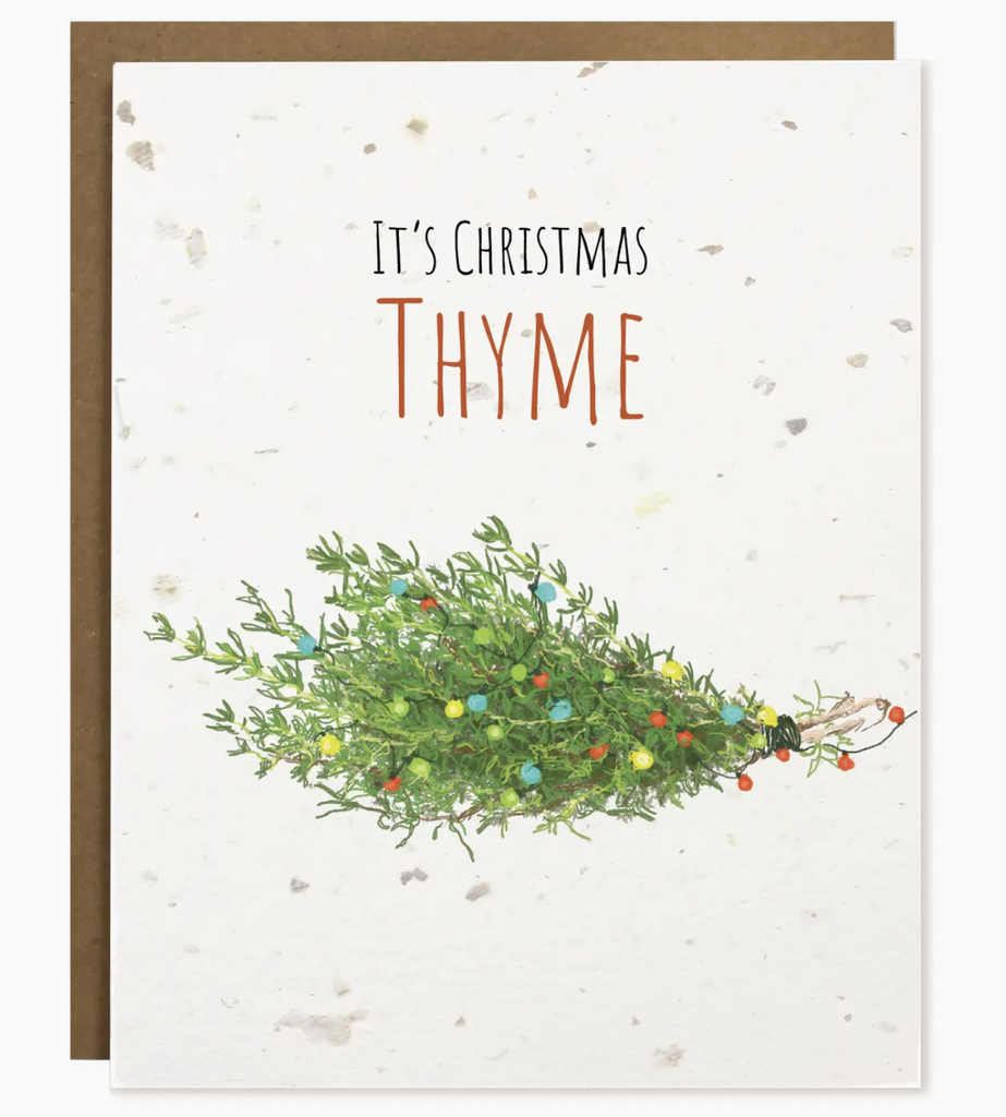 Plantable greeting card that reads "It's Christmas Thyme" with an illustrated sprig of thyme lit with Christmas lights. 