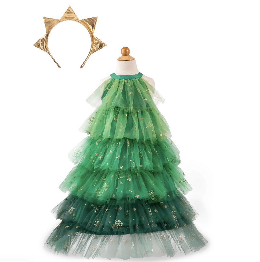 The Christmas Tree Dress with matching headband  is a tree-shaped design, crafted from layers of ombre green tulle that cascade gracefully to create a stunning silhouette. A hoop skirt adds volume and structure, with printed glitter stars that sparkle and shine like twinkling ornaments. 