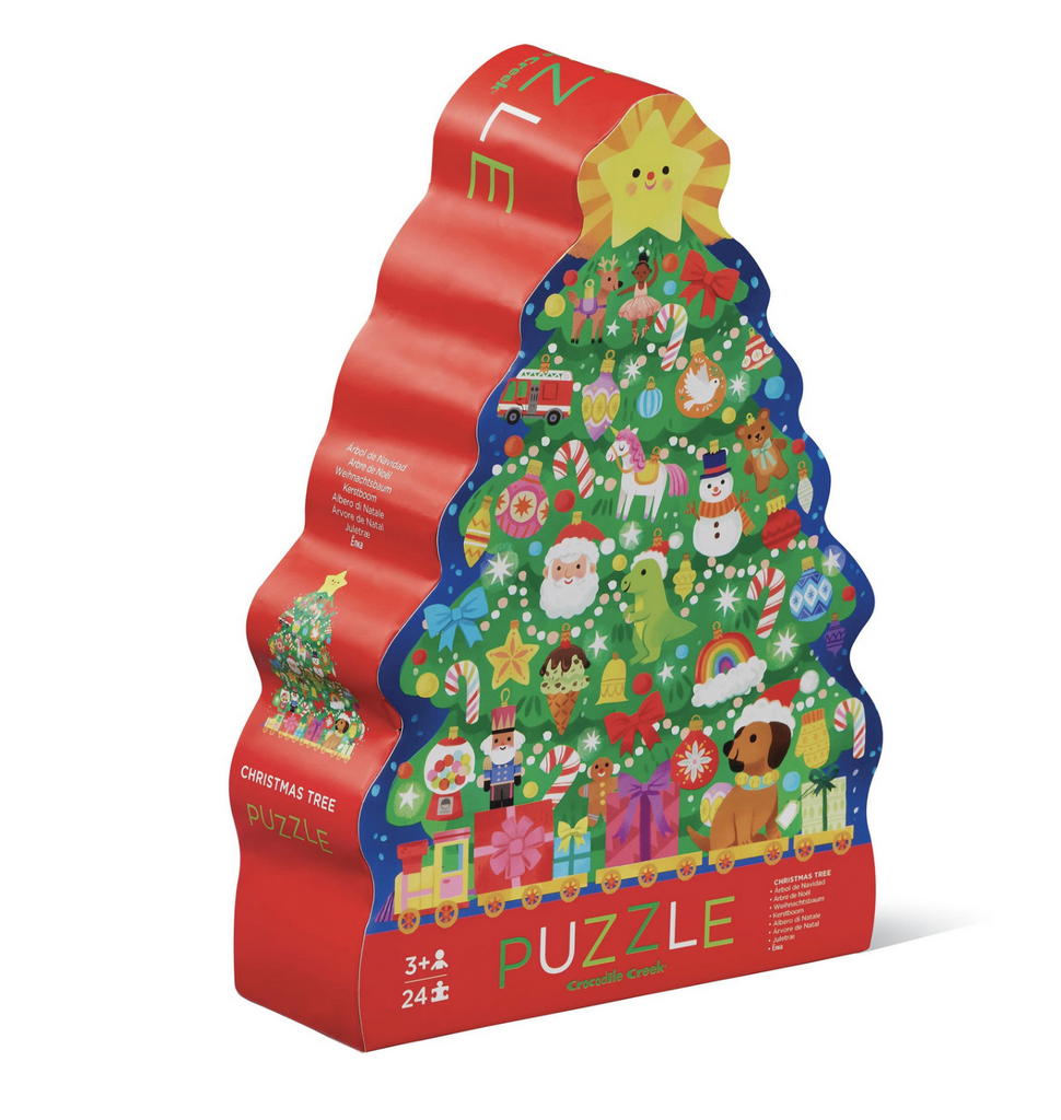 24 Piece holiday themed puzzle in a red Christmas Tree shaped box. 