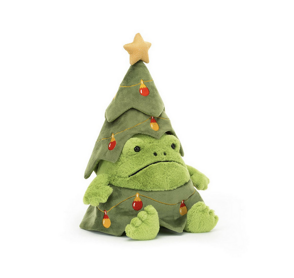 The grumpiest frog of them all Ricky Rain Frog from Jellycat decked out as a Christmas Tree. 