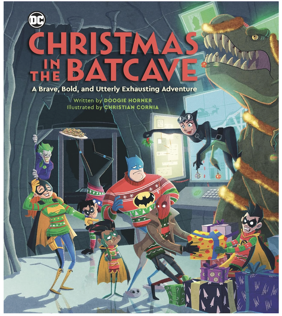 Illustrated cover of Christmas In The Batcave with Batman and his family celebrating the holidays. 