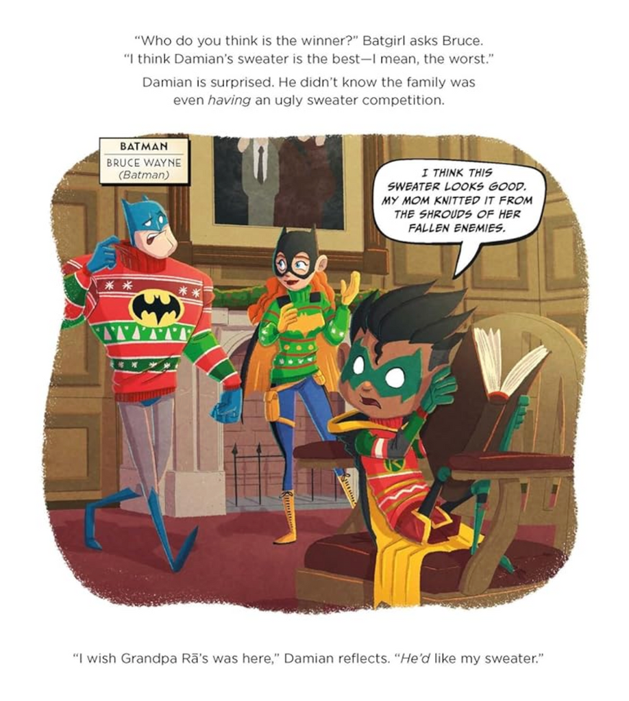 Interior page from Christmas In The Batcave with Batman, Batgirl, and Damian wondering who has the best/worst Christmas sweater. 