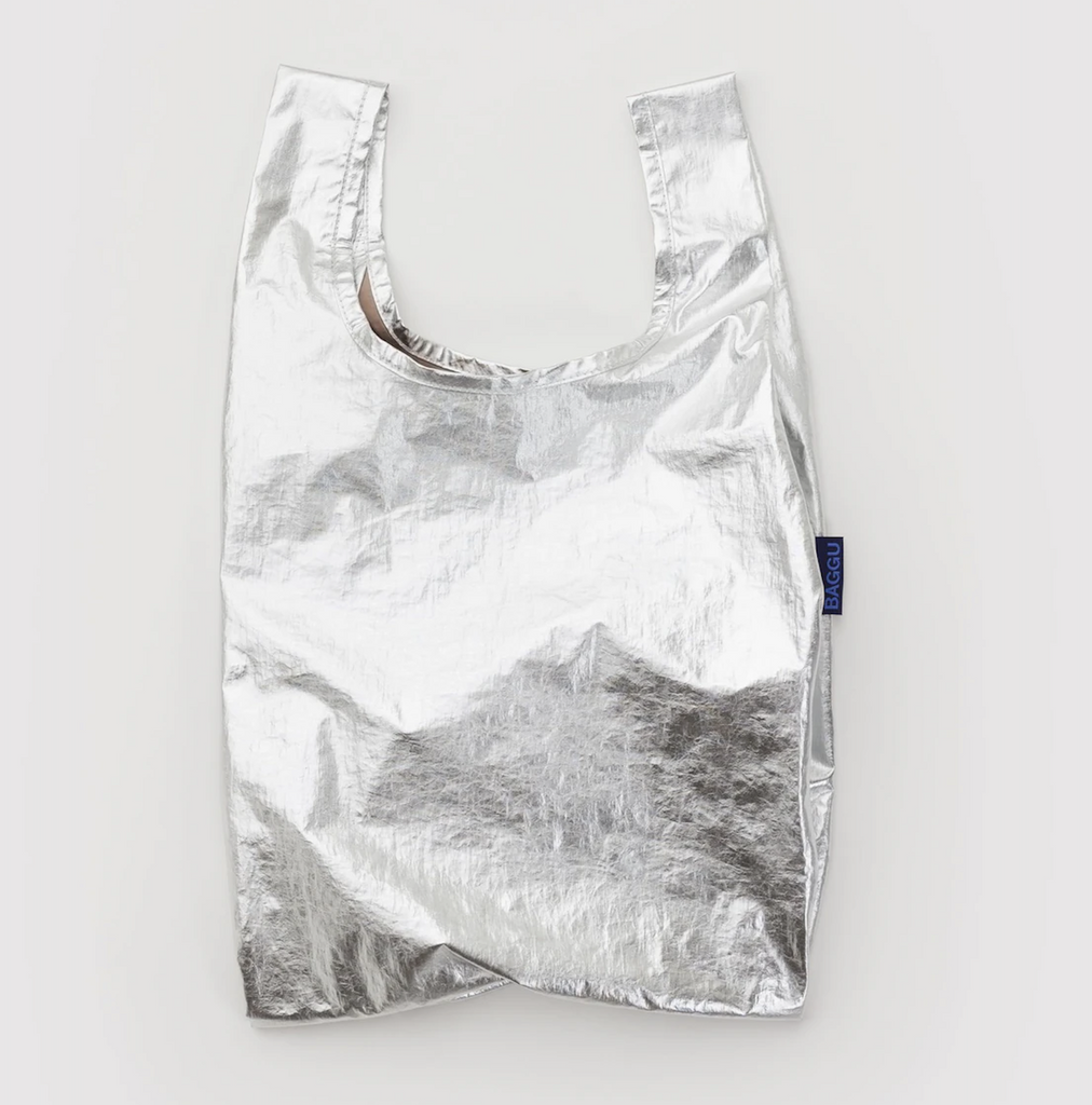 Small sized Baby Baggu reusable shopping tote in metallic silver. 