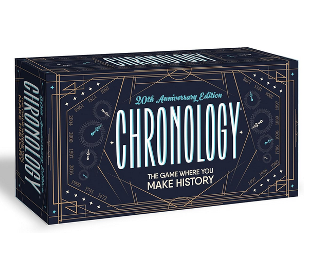 Box for Chronology game with bold white lettering for the title.