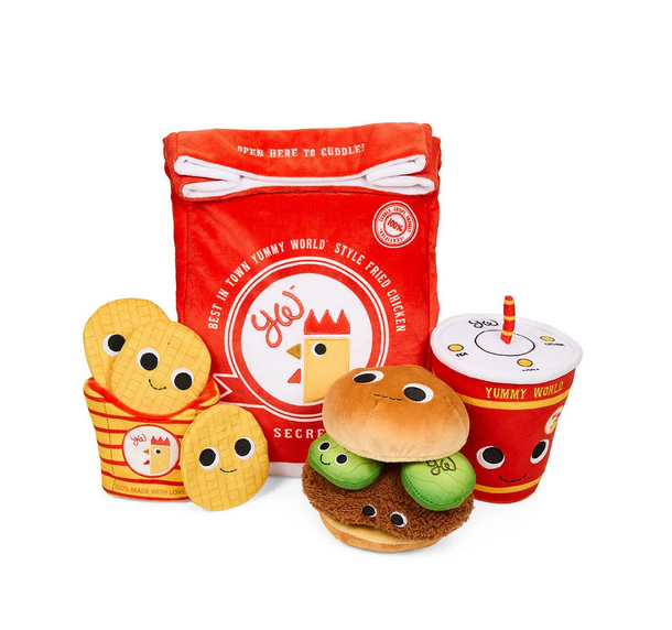  The Yummy World Chicky Meal Interactive Plush comes complete with a stackable chicken sandwich, drink, and waffle fries. 