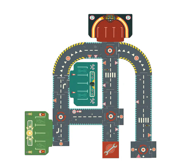 24 puzzle pieces connected to make a track that Crazy Motors vehicles can ride on.