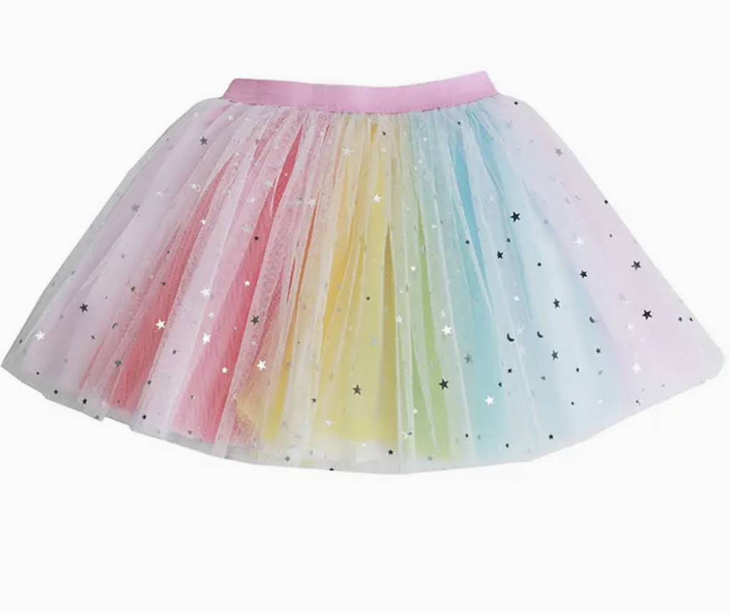 Rainbow tulle tutu with silver stars throughout. 