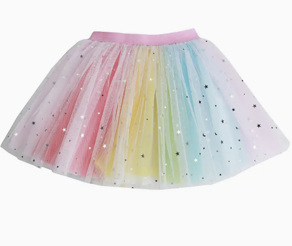 Rainbow colored tulle tutu with silver stars throughout. 