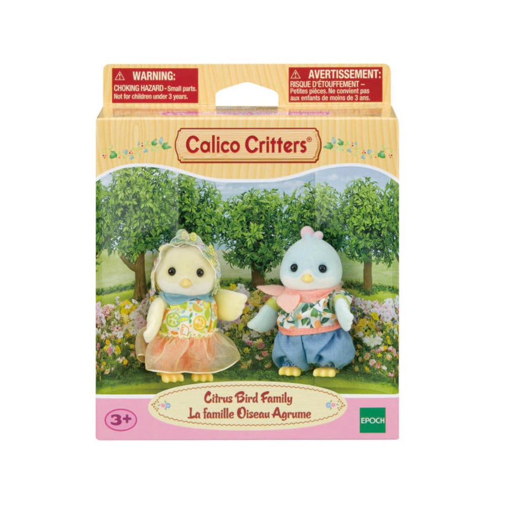 Calico Critters Citrus Bird Family boxed in a yellow and pink box with clear plastic window at the front. 