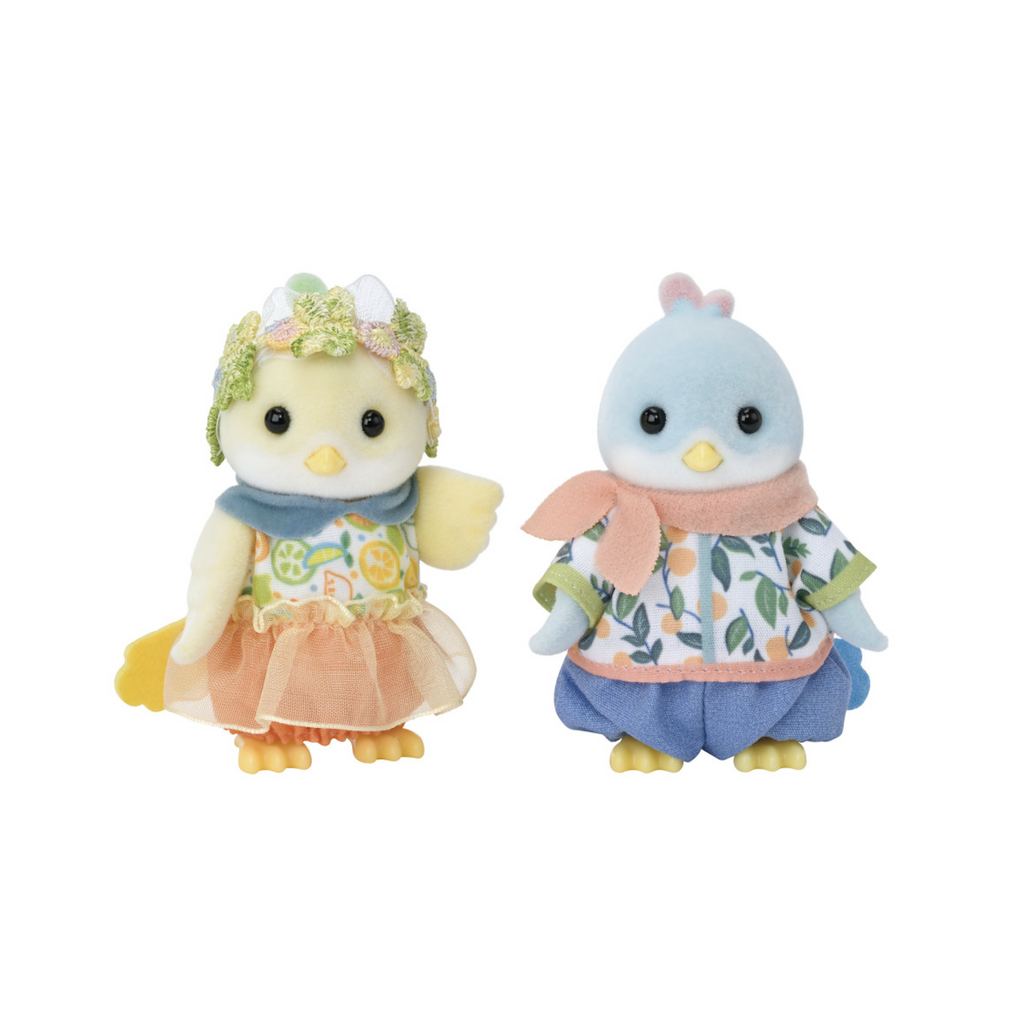 Two Calico Critters figures shaped like birds with colorful fabric clothing. 