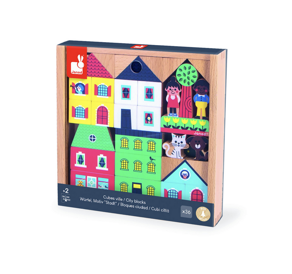 The City Cross Roads 36 Piece Block Set packaged in a wooden tray with clear cover that stores the blocks when not in use. 