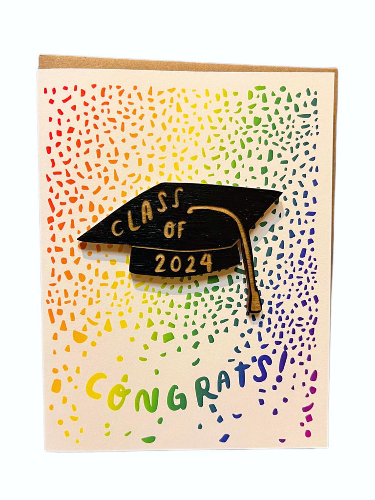 Greeting card with colorful confetti that reads "Congrats" with a removeable magnet of a graduation cap with class of 2024 on it.
