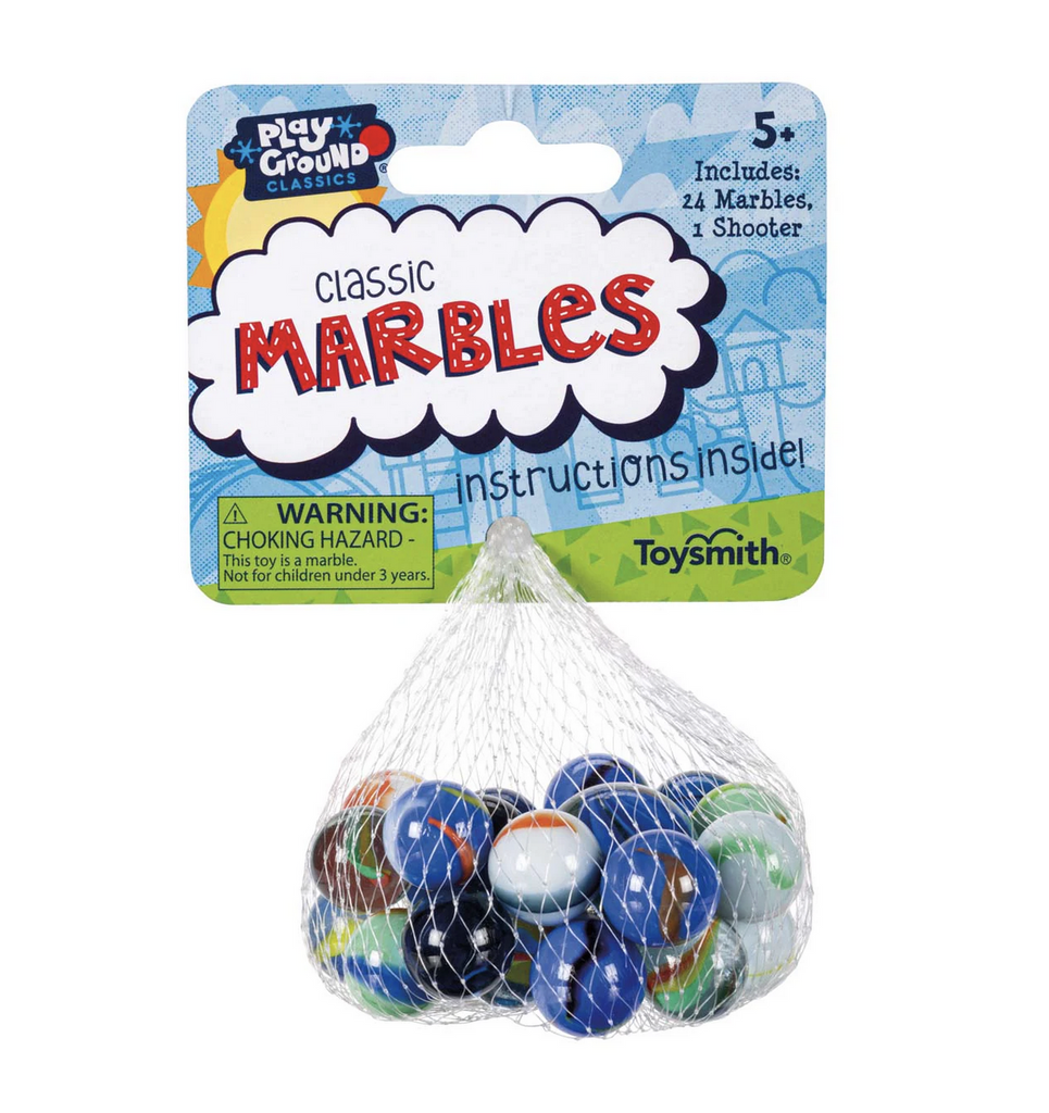 Multicolored glass marbles in a mesh bag. 