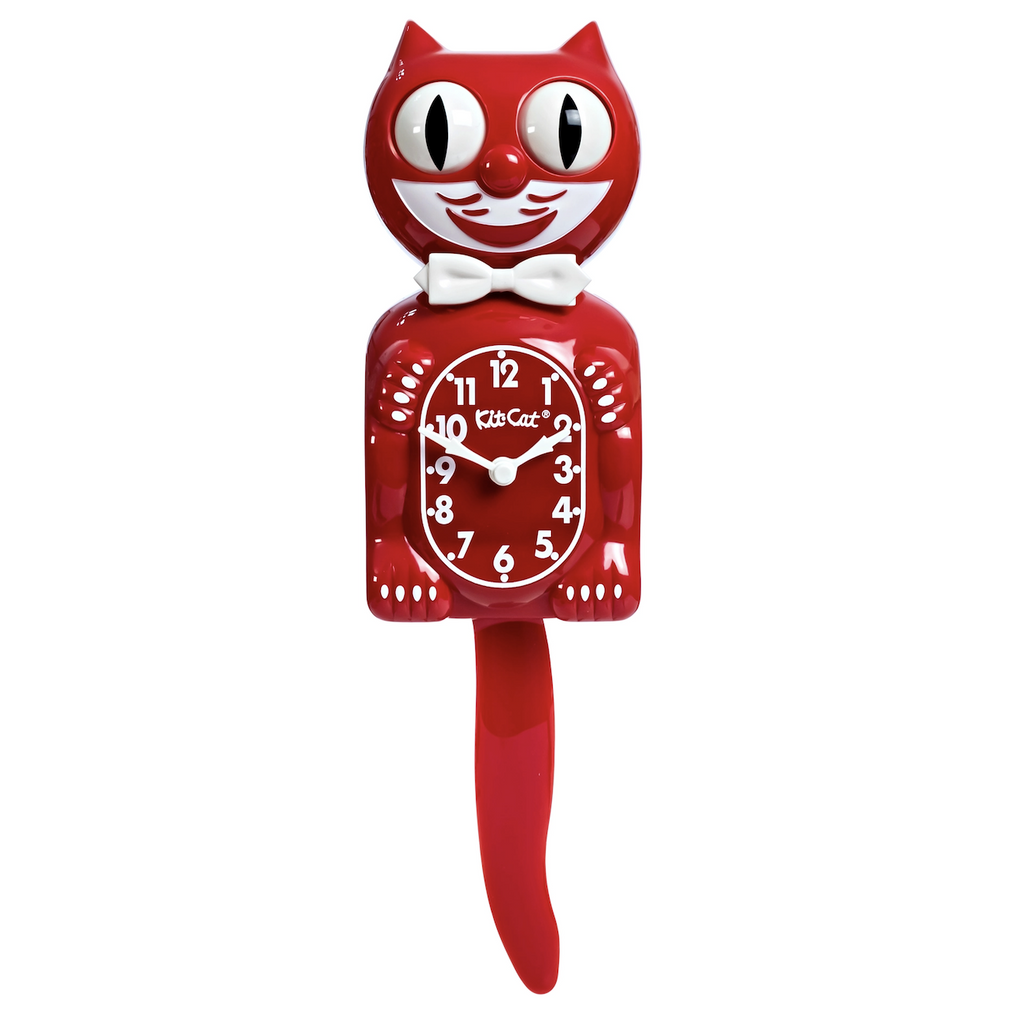 Retro Kit Cat Clock in bright red with white bow tie and numbers. 