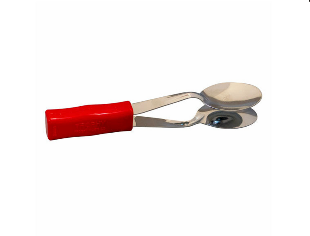 Silver musical spoons with a red plastic handle on a white background.