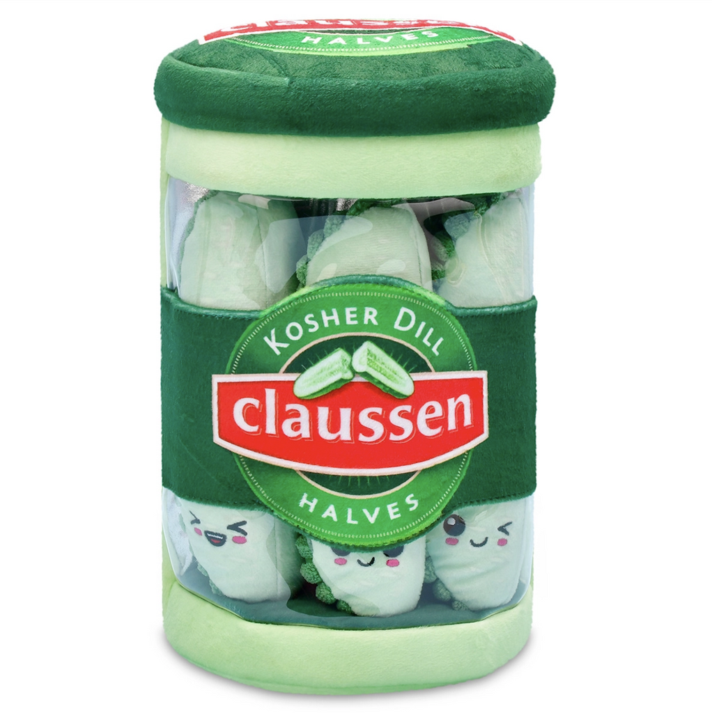 Jar of Claussen Kosher Dill Pickle Halves in plush form. The top zips open to reveal three individual pickle spears with funny faces. 
