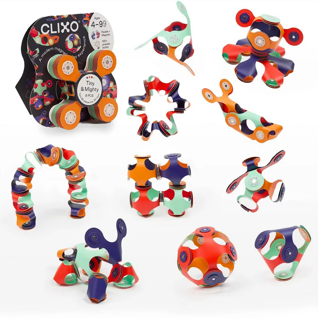 Clixo Tiny & Mighty Space set with 9 quad shaped pieces that can be made into 100 or more awesome creations. 
