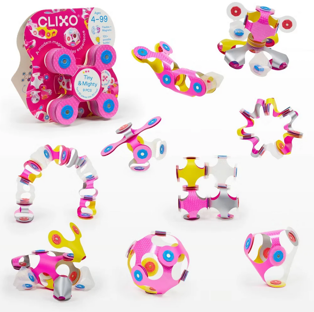 Colorful, sparkly animals, games, and other objects made with the Tiny & Mighty Sparkle set from Clixo. 
