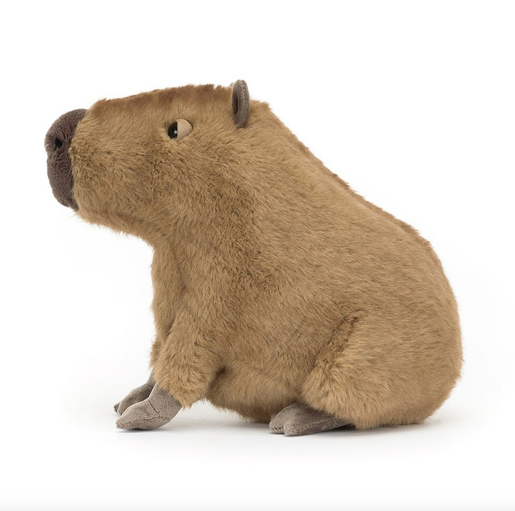 View from the left side of Clyde Capybara stuffed animal.