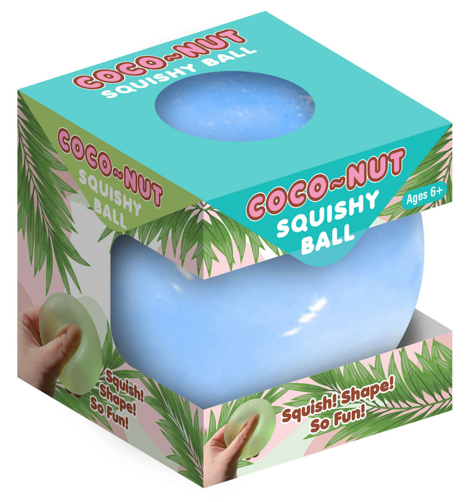 A blue Coconut Squishy Ball packaged in an open box with illustrations covering the package. 