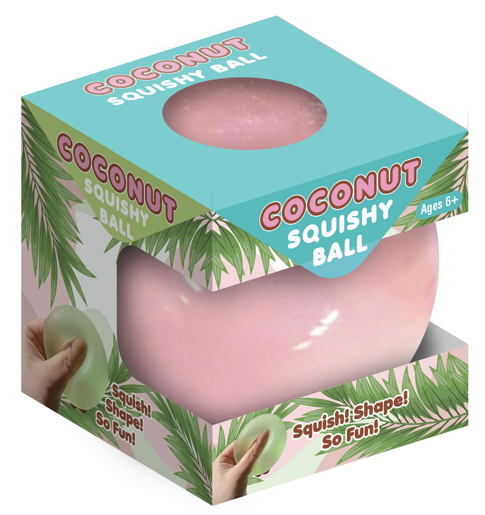 A pink Coconut Squishy Ball packaged in an open box with illustrations covering the package. 