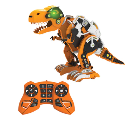 Assemble your own robotic model of the giant, powerful, ferocious Tyrannosaurus rex. Use the handheld controller to command your robot to move around in all directions, light up its eyes, and play sounds, including chowing down on food and even farting!