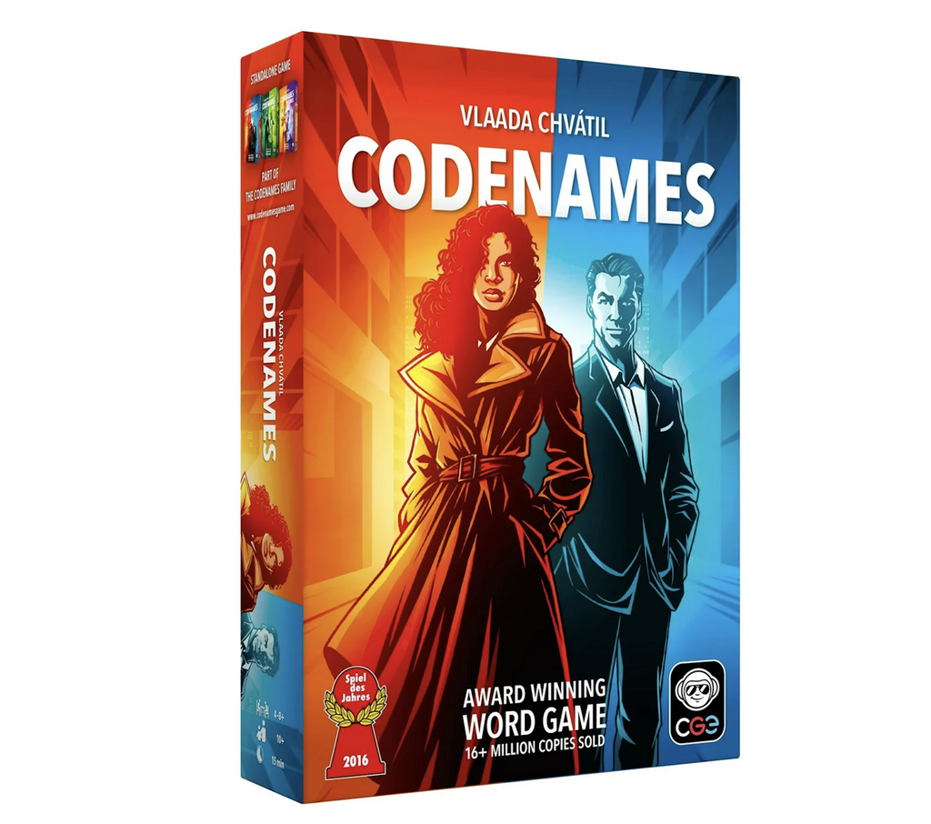 Red and blue box with illustrated spymaster characters from the game Codenames. 