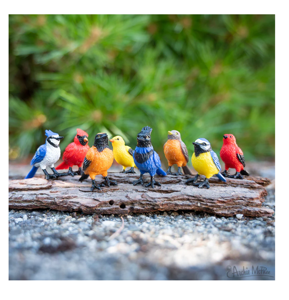 Mini Garden Bird plastic figures displayed outside.