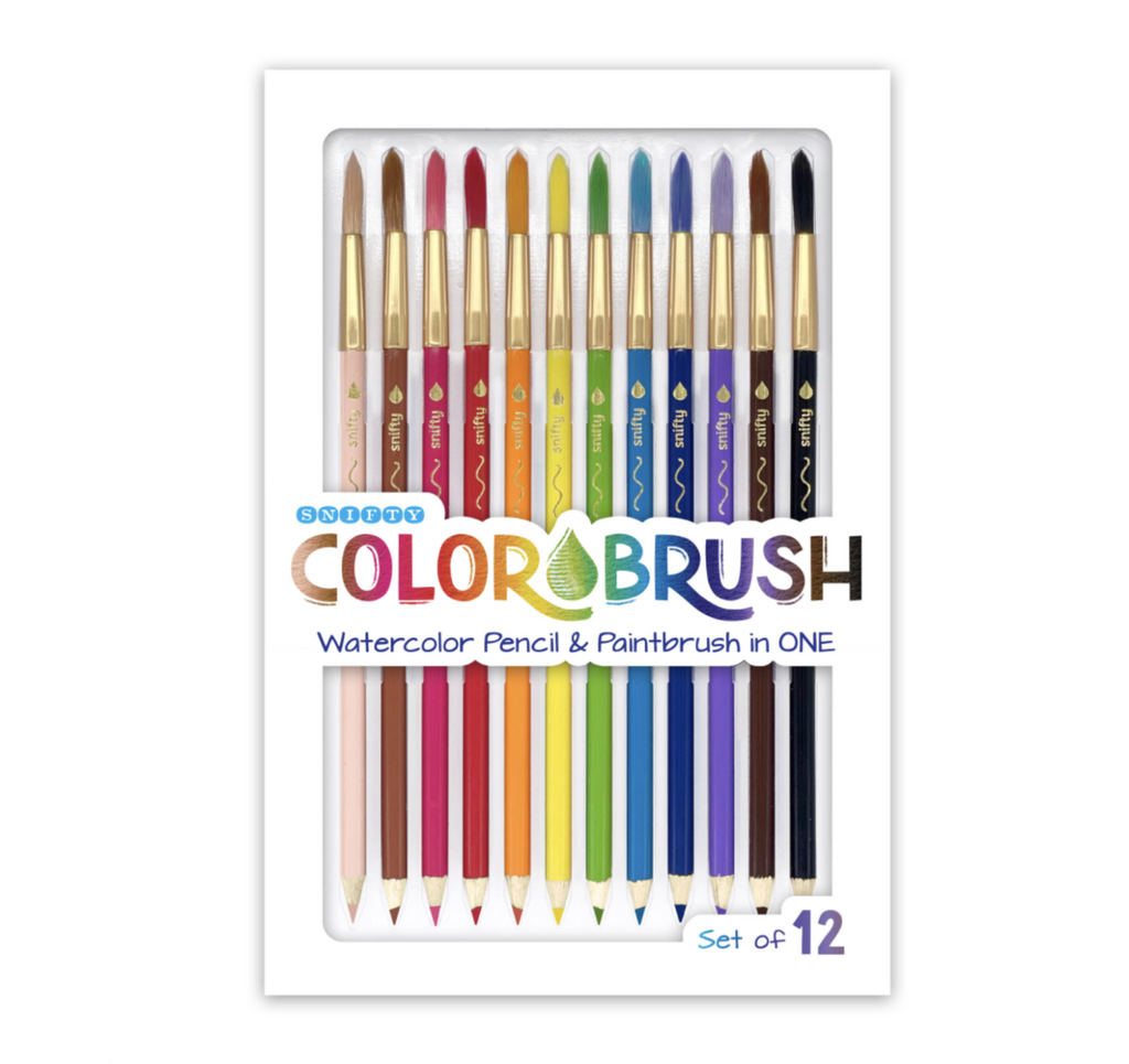 Package of Colorbrush Watercolor Pencil and Paintbrush in One highlights the set of 12 skin tone and brightly colored watercolor pencils on one end and brushes on the other.